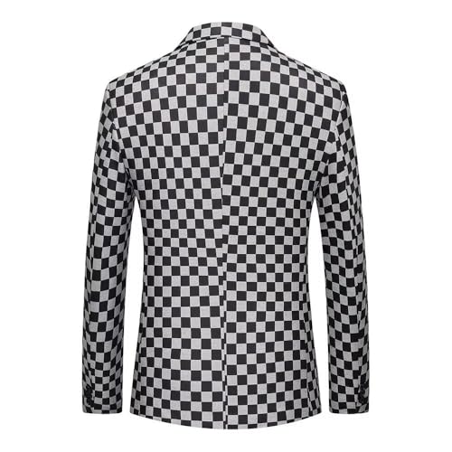 Men's Black and White Checkerboard Blazer One Button Suit Coat Notch Lapel Jacket2