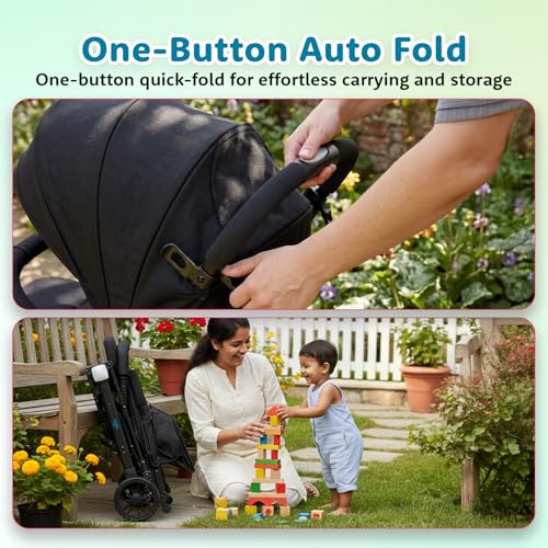 Image of Amazon Brand - Supples Baby Stroller for Newborns & Toddlers 0-3 Years | Auto Fold Travel Cabin Trolley Pram | Adjustable Backrest, 5-Point Safety Harness, 360 Wheels | Black