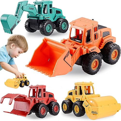 ZGMSDSCZ Juguetes de Construccion, 4PCS Camión de Construcción de fricción Juguetes,con Excavadora, Topadora, Martinete y Apisonadora, Camiones y Carros...