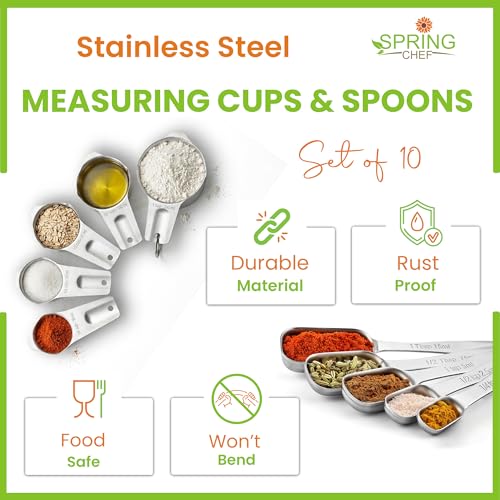 Image of Spring Chef Stainless Steel Measuring Cups and Spoons Set of 10, Nesting Kitchen Metal Measuring Cups and Spoons Set for Dry and Liquid Ingredients, Perfect for Cooking & Baking