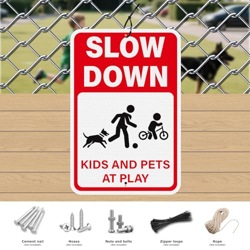 2 pack slow down signs kids and pets at play warning sign 18 x 12 inches high reflective weatherproof aluminum safety alert signage with pre-drilled holes for street driveway neighborhood