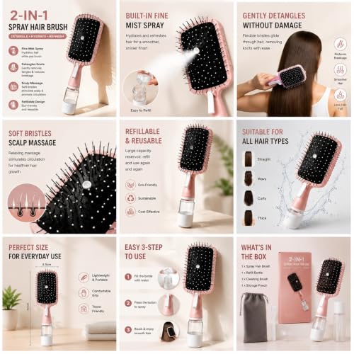 Image of 2-in-1 Spray Hair Brush with Water Mist, Pink