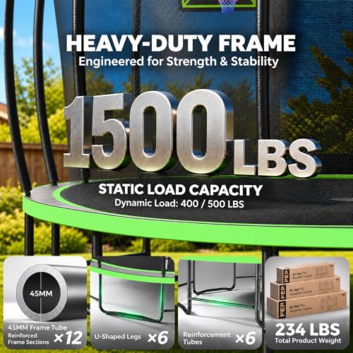 BCAN TR2 14FT Heavy-Duty Outdoor Trampoline, 1500 LBS Static Capacity, Reinforced Springs, Safety Enclosure Net, Built-in Basketball Hoop, Outdoor Backyard Trampoline with Ladder, Protective Padding - image 3