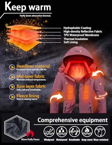 GEMYSE Damen Skijacke Wasserdicht Fleece Winterjacke Winddicht Schneejacke mit Kapuze für Outdoor Aktivitäten und Sport(Hellpink,L)
