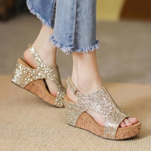 Image of PARTY Women's Wedge Sandals With Buckle Ankle Strap for Dressy Summer