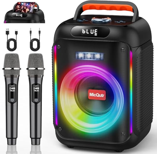 Karaoke-Maschine mit 2 Mikrofonen für Erwachsene Kinder Bluetooth-Caraoke-Lautsprecher mit Bass/Höhenverstellung PA-System mit Fernbedienung/LED-Lichter unterstützt Rec/USB/AUX (dunkelschwarz)