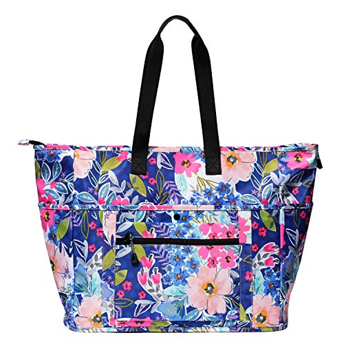 Women Ladies Weekender Bag Muti-pockets Overnight Carry-on Duffel Travel Gym Tote Luggage Duffle with Trolley Sleeve (Blue Flower)