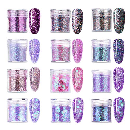 Skymore Set di polvere glitter per unghie, lustrini 3D per manicure, nail art, ricostruzione unghie, make up, 8 colori assortiti
