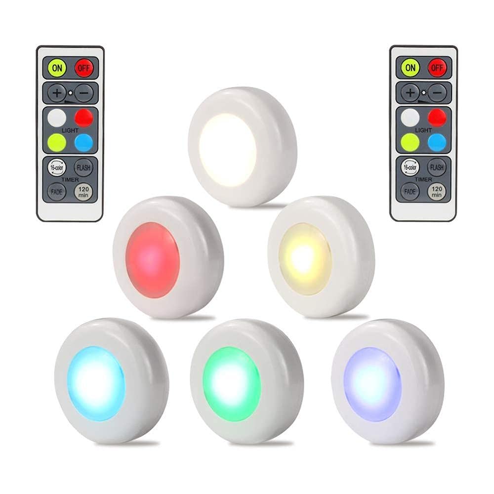 Surge Under Cabinet Lights 16 Colours Under Cabinet Lighting LED Puck Lights Wireless Closet Lights 4000K Dimmable Battery Operated 6 Pack 2 Remote Controls.
