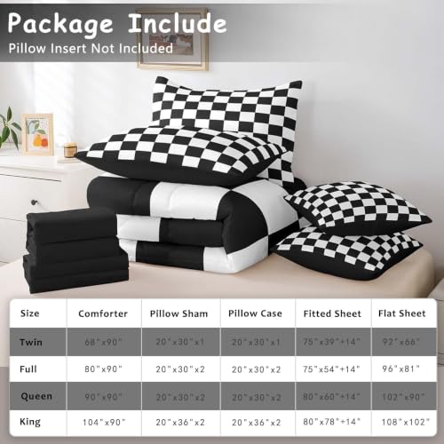 Image of Feelyou Checkered Retro 7 Piece Bedding Set Teen Women Men Black White Plaid Comforter Set with Sheets Twin Size Kids Boys Geometric Vintage Bed in a Bag Modern Simple Groovy Aesthetic Room Decor