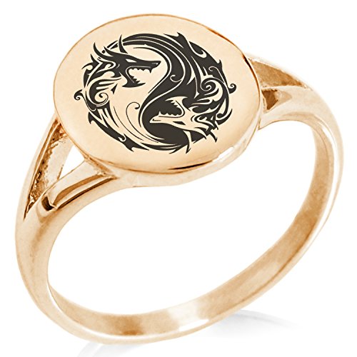 Stainless Steel Tribal Dragon Yin Yang Symbol Minimalist Oval Top Polished Statement Ring