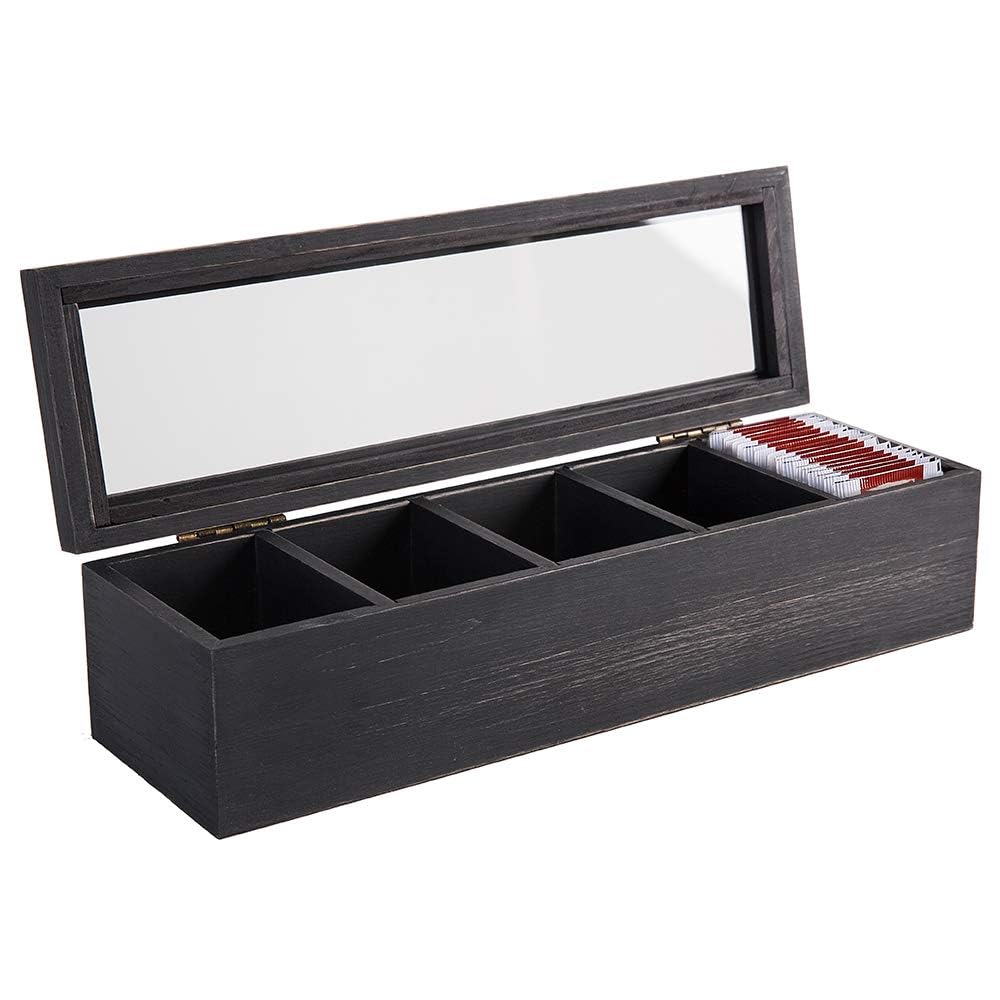 White Whale Tea Box Storage Natural Tea Chest Tea Bag Holder 5 Adjustable Tea Chest Compartments with Glass Window-image-5