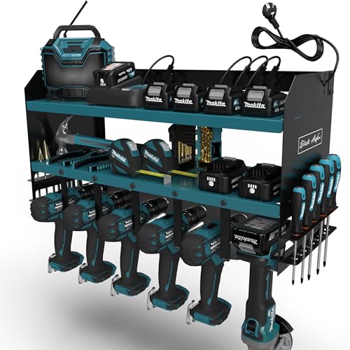 Toolganize Elektrowerkzeug-Organizer mit Steckdosenleiste & Ladestation Kompatibel mit Makita Schwerlast-Werkzeughalter für Werkstatt & Garage 6-fach Halterung Makita Blau.