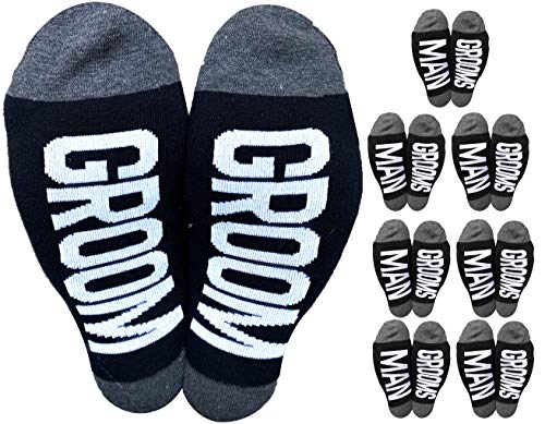 8 Pair Wedding Day Socks | Natural Cotton | Groom Crew Groomsmen Socks | Bride Bridesmaid Socks | Wedding Party Gifts | Designed in the USA (Groom Variety B)