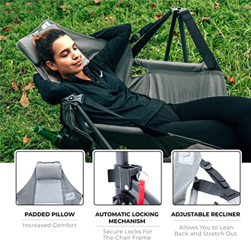 Portable Swing Hammock Chair | Foldable Recliner Rocking Lounger with Headrest &amp; Drink Holder | Outdoor Sports, Beach, Lawn, Hunting, Tailgating, Fishing | Supports 300Lbs (Grey)