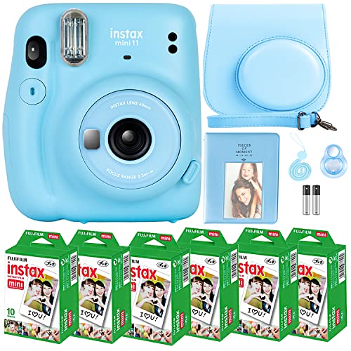 Fujifilm Instax Mini 11 Camera With Fujifilm Instant Mini Film (60 Sheets) Bundle With Deals Number One Accessories Including Carrying Case, Selfie Lens, Photo Album, Stickers (Sky Blue) #TOP30