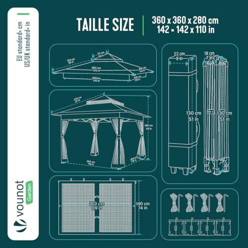 Miniatura 3 de Vounot Carpa Plegable Gazebo 3.6x3.6m Con Laterales De Malla, Cenador Pabellón Pop Up De Jardín Techo Doble Y Bolsas De Arena, Protección Uv, Para Camping, Fiestas, Exterior, Gris