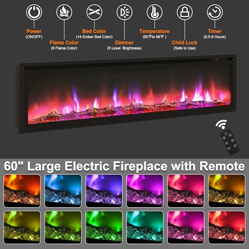 Image of Fireplace TV Stand for 100 Inch TV, 95 inch Farmhouse Entertainment Center with 60 inch Electric Fireplace & LED Lights, Large Media Console for Living Room, Rustic Barn Doors, Power Outlets, Rustic Brown