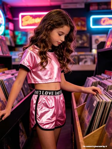 Image of Betusline Girls Summer 2 Piece Outfits,Kids Short Sleeve Crop Top & Shorts Set with Side Pockets