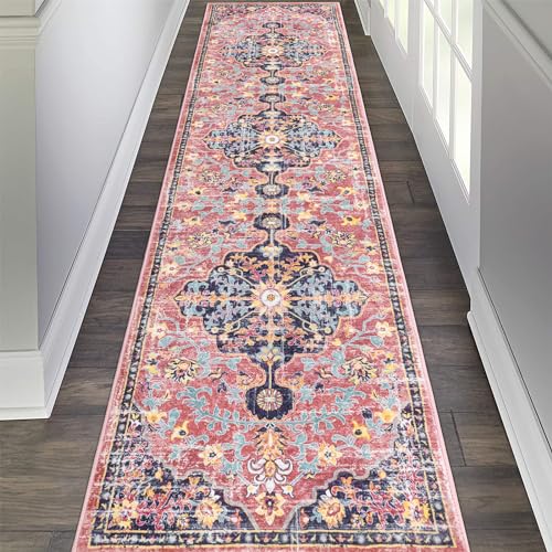 Pauwer Hallway Runner Rug 2x8, Washable Boho Kitchen Runner, Fuchsia Multi