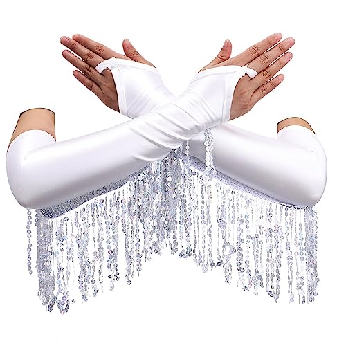 Women's Sparkly Sequin Fingerless Elbow Length Satin Fringe Gloves for Prom Party