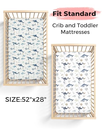 Image of Crib Sheets for Boys and Girls, 2 Pack Fitted Baby Sheets for Standard Toddler Mattress 28 inch x 52 inch, Soft Breathable Jersey Knit Baby Bedding (Aquatic Adventures)