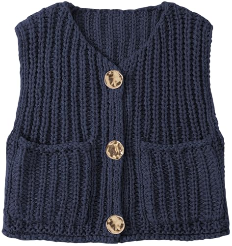 Image of UEU Womens Chunky Sweater Vest Button Down Sleeveless Cardigan V Neck Crop Crochet Knit Tops 2025 Fashion Trendy Clothes