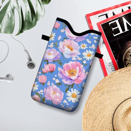 Image of Neoprene Cell Phone Sleeve Pouch Case Bag with Crossbody Strap Neck Lanyard for Women 7.1 X 3.9 in Blue Flower