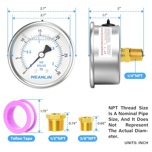 Image of MEANLIN MEASURE 0~30Psi Stainless Steel 1 /4 inch NPT 2.5 inch FACE DIAL Liquid Filled Pressure Gauge WOG Water Oil Air Center Back Mount, with 1 /2 inch NPT and 3 /8 inch NPT Hex Bushing