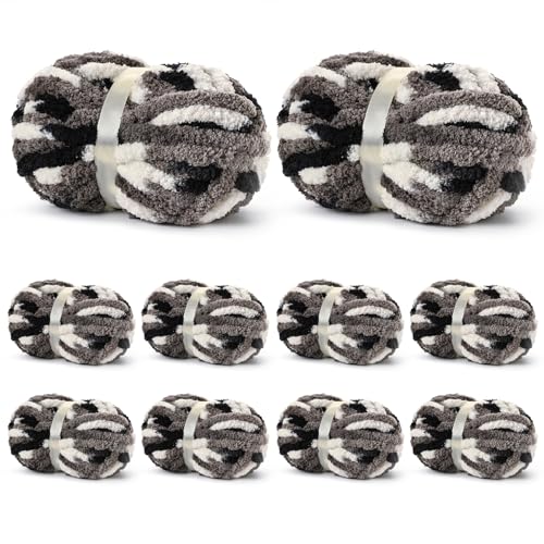 Image of 10 Pack Jumbo Chunky Yarn for Hand Knitting, Fluffy Variegated Chunky Chenille Yarn for Crocheting, 240yds /70.5oz Super Bulky Soft Crochet Baby Blanket Yarn(Black-White-Grey)