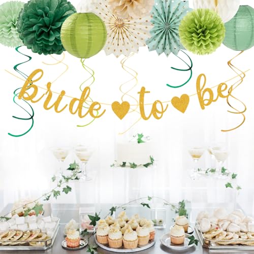 Image of Sage Green Champagne-Gold Bachelorette Party-Decorations - 21pcs Baby Bridal Shower Banner Garland, Bride To Be Paper Streamers Lanterns,flower Tissue Pom Poms Fan,Wedding Backdrop Decor Huglony