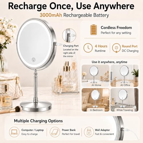 Image of DEIOVWXS Makeup Mirror, Rechargeable Vanity Mirror with 3 Lights, 1X /10X