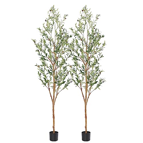 Image of Bellacat Faux Olive Tree 7ft,Olive Trees Artificial Indoor with Natural Wood Trunk and Realistic Leaves and Fruits. 7 Feet(84in) Fake Olive Tree for Home House Office Decor. 2 Pack.