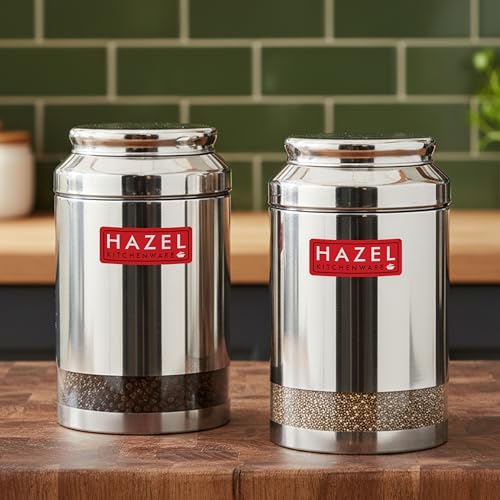 Image of HAZEL Stainless Steel Transparent Storage Jar, 2500 ML - Set of 2 | Airtight Kitchen Containers for Pulses, Grains, Sugar & Snacks