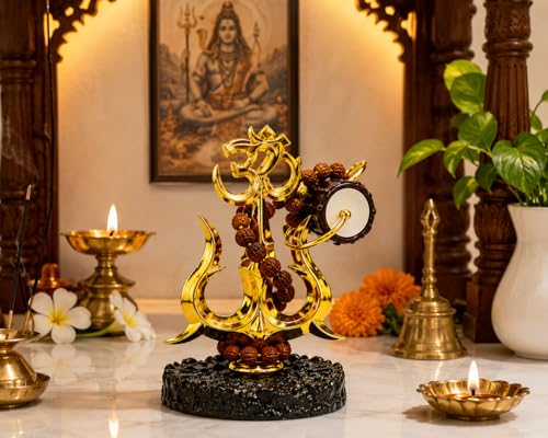 Image of Hindu Trishul Damroo Idol with Original Rudraksha | Small Murti for Car Dashboard, Home Decor, Office Table, Pooja | Spiritual Gift Item | 11 cm