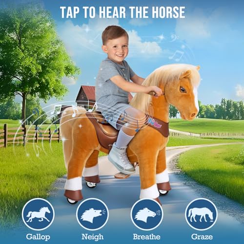 Image of PonyCycle Ride on Horse Classic Model U with Brake, Sound, Walking Horse Mechanical Pony Black Giddy up Pony Plush Toy Walking Animal Size 3 for Age 3-5 Years -Ux326 with Brown Rein 29.5 inch.