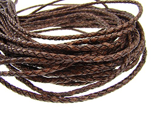 Plaited leather cord round 4 mm. Antique dark brown - length: selectable, Antique Dark Brown, 5 metres
