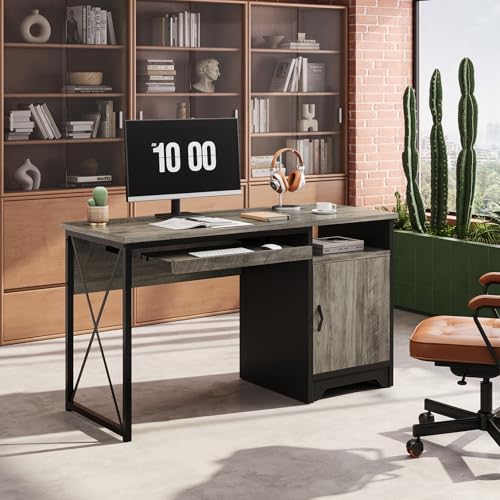Image of Bestier 47-Inch Office Desk with Storage Cabinet & Keyboard Tray, Grey | 47 Inch Desktop, Right Storage Cabinet, Sliding Keyboard Tray And X-Frame Support Create A Small-Space Home Office Desk.