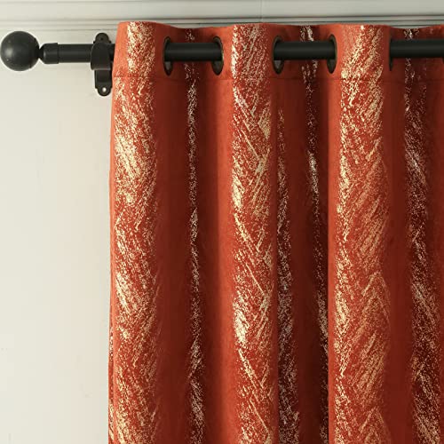 Tootop Burnt Orange Velvet Curtains Champagne Gold foil Print Shiny Geometric Pattern Luxury Living Room Bedroom Thick Super Soft Thermal Insulation darken Curtains Grommet 2 Panel (52 x 84) Inch