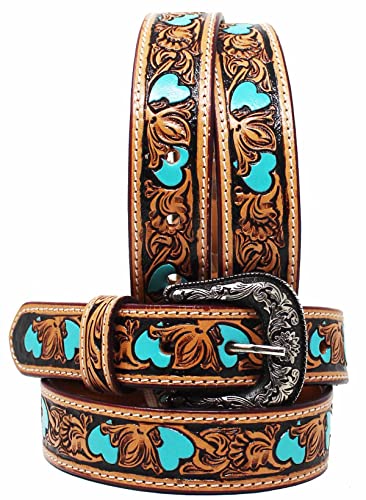 CHALLENGER 32" Girls Kids Child Youth 1-1/4" Wide Western Rodeo Fashion Two-Tone Floral Hearts Tooled Leather Belt 26FK37TRC