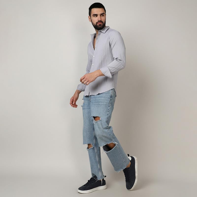 Image of CAHOOT Men's Self-Design Striped Shirt for Casual Wear | Spread Collar | Long Sleeve | Button Closure | Shirt Crafted with Comfort Fit for Everyday Wear