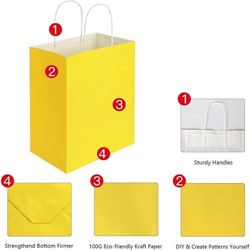 Miniatura 3 de Oikss Paquete de 50 bolsas de papel kraft amarillas medianas de 8 x 4.75 x 10 pulgadas con asas a granel para cumpleaños, bodas, fiestas,