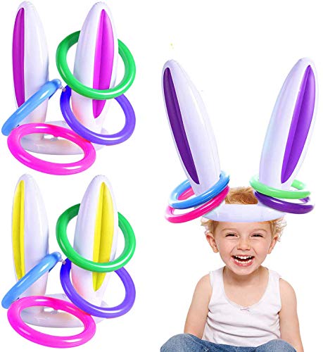 TOPLEE 3 Pack Easter Inflatable Bunny Ring Toss Game Easter Rabbit Ears Ring Toss Party Games Inflatable Toys Gift for Kid Family School Party Favor Indoor Outdoor Toss Game (3 Set & 12 Rings)