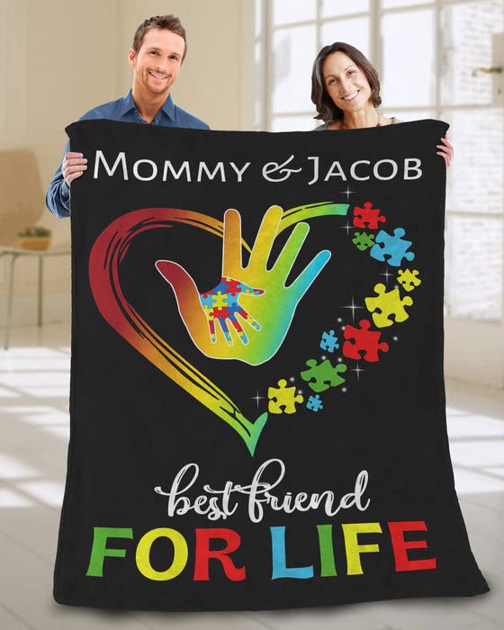 Blanket for Mom & Autism Kid Best Friend for Life Hand in Hand Colorful Puzzle Mom Throw Blanket, Gift to My Mom Blanket from Daughter, Gifts for Mother's Day from Husband