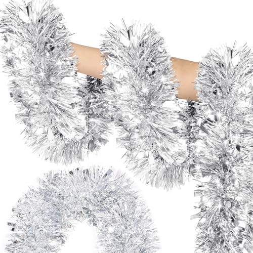 Image of 50FT Silver Christmas Tinsel Garland - Metallic Tinsel Glitter Twist Garland Hanging Streamers for Xmas Tree Garlands Decorations