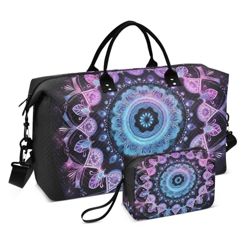 Large Travel Duffel Bag, Purple Floral Circle Sports Tote Gym Bag, Shoulder Weekender Overnight Bag for Women Men, Carry On Luggage with Toiletry Bags