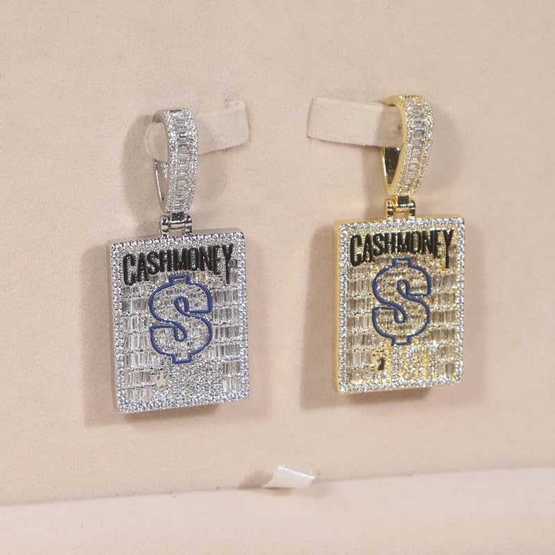 Hip Hop Cash Money Pendant Crown Dollar Shape Charm Necklace Gold Silver Plated Iced Out Bling Rectangle CZ Jewelry