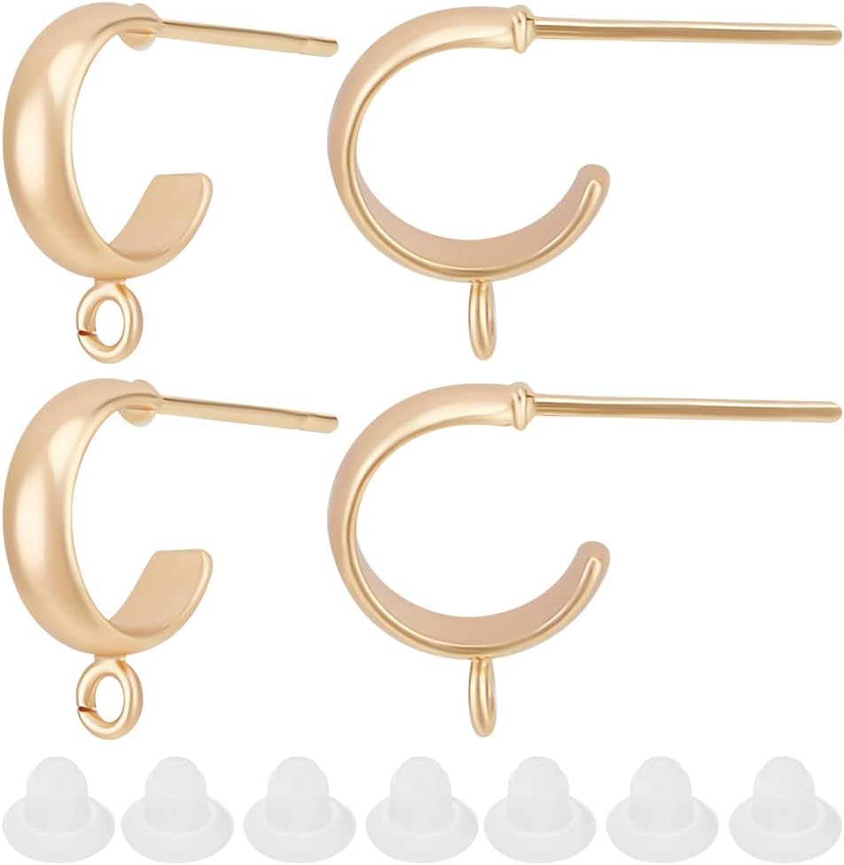 Beebeecraft 1 Box 20Pcs Small Half Hoop Earring Findings 18K Gold Plated Brass Huggie Dangle Earrings with Loop and Ear Nuts for Women DIY Jewelry Making, 13x3mm