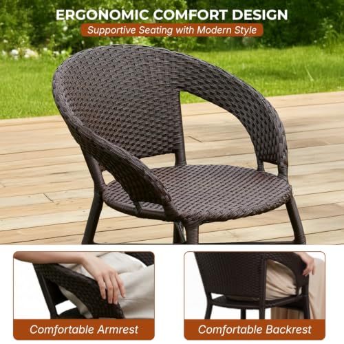 Image of DEVOKO 3 Pieces Patio Furniture Set, Wicker Outdoor Chairs and Coffee Table for Balcony, HDPE Rattan Bistro Table Set for Lawn, Garden, Backyard (Dark Brown)
