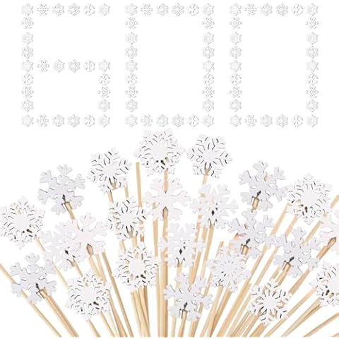 Shellwei 600 Pcs Winter Snowflake Cocktail Picks 4.7” Bamboo Food Toothpicks Disposable Food Picks for Appetizers Picks Winter Skewers for Fruit Dessert Food Winter Theme Party Decor Cover